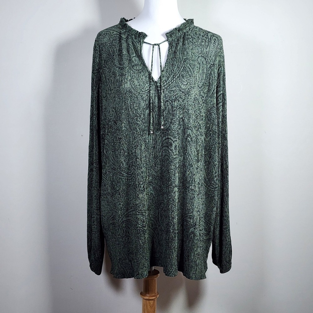 Penn Penningtons Paisley Blouse Womens X Green Long Sleeve Plisse Boho Tunic